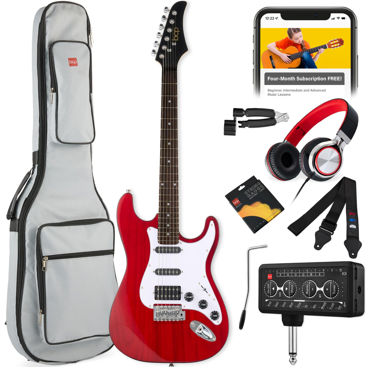 Cherry Red White Electric Guitar Kit with Headphone Amp D377