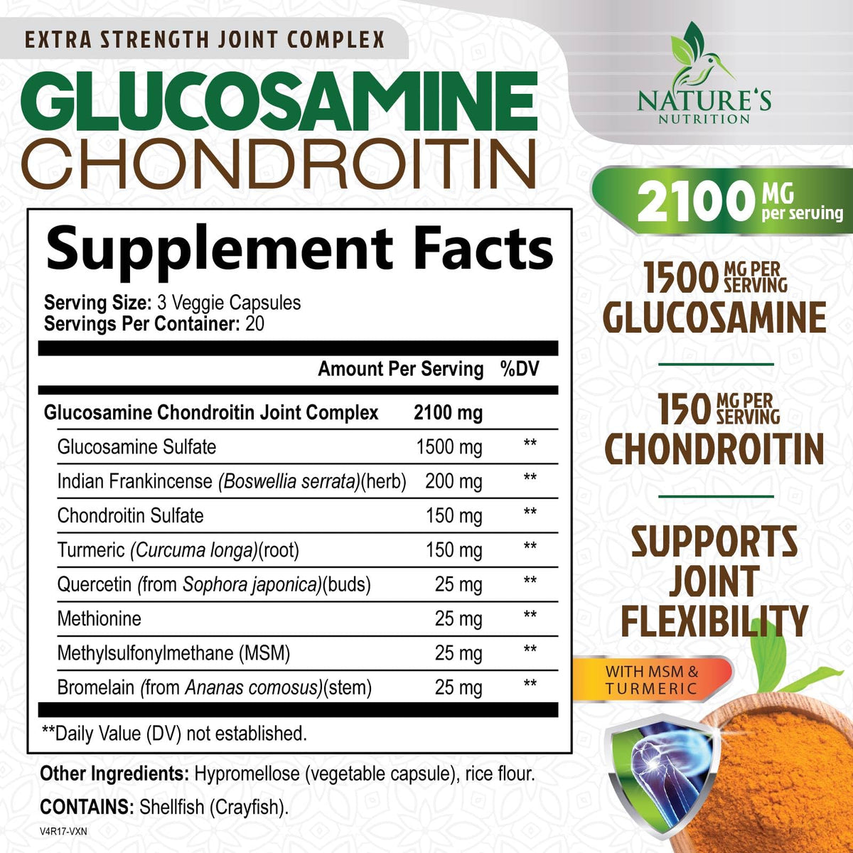 Glucosamine Chondroitin MSM 2100mg Joint Support Supplement with Turmeric & Boswellia 60 Capsules L647159