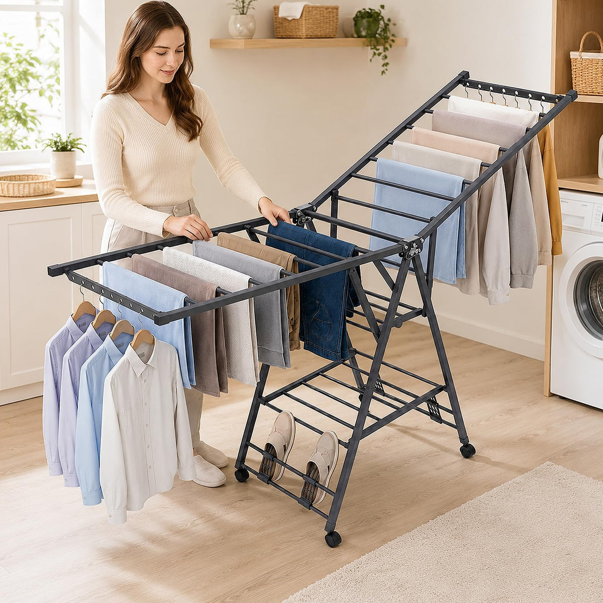 Foldable Metal Clothes Drying Rack with Wheels P49474