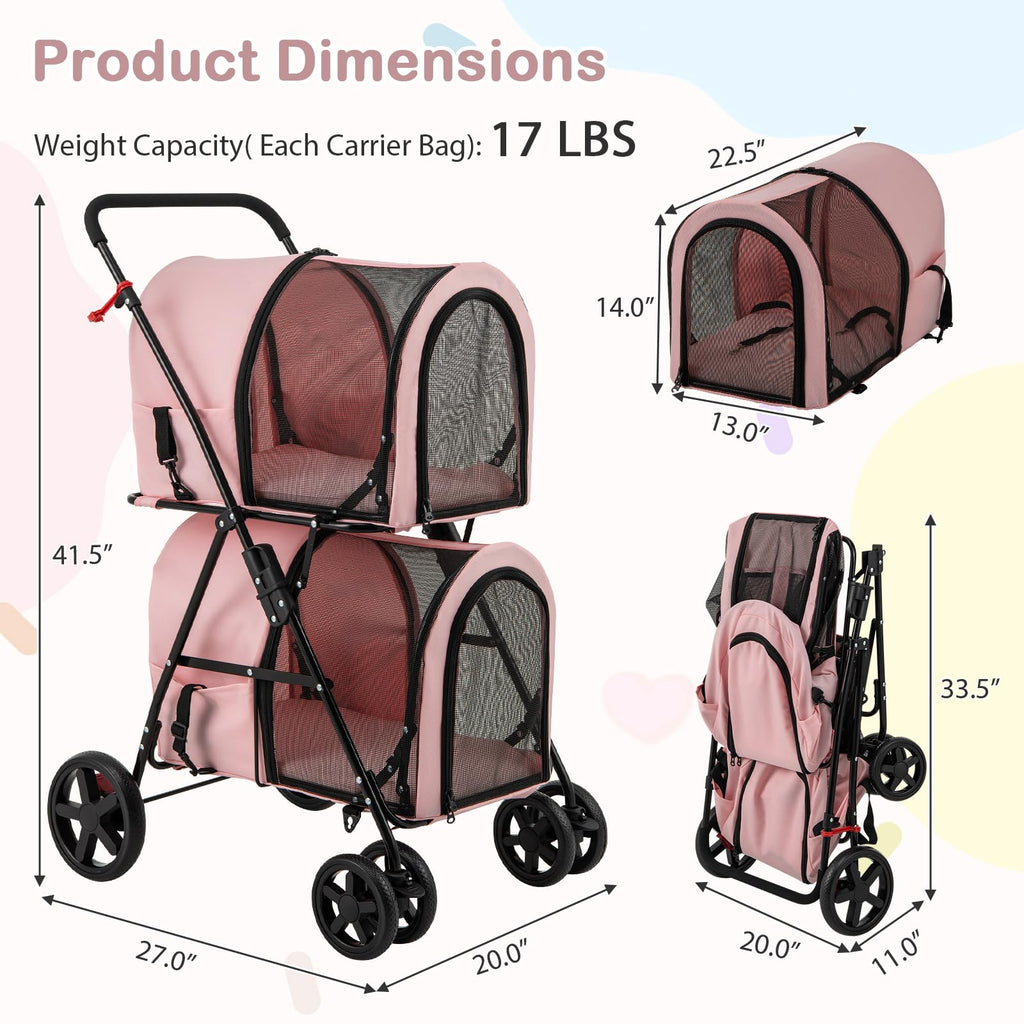 Double Pet Stroller with 2 Detachable Carrier Bags Pink A405