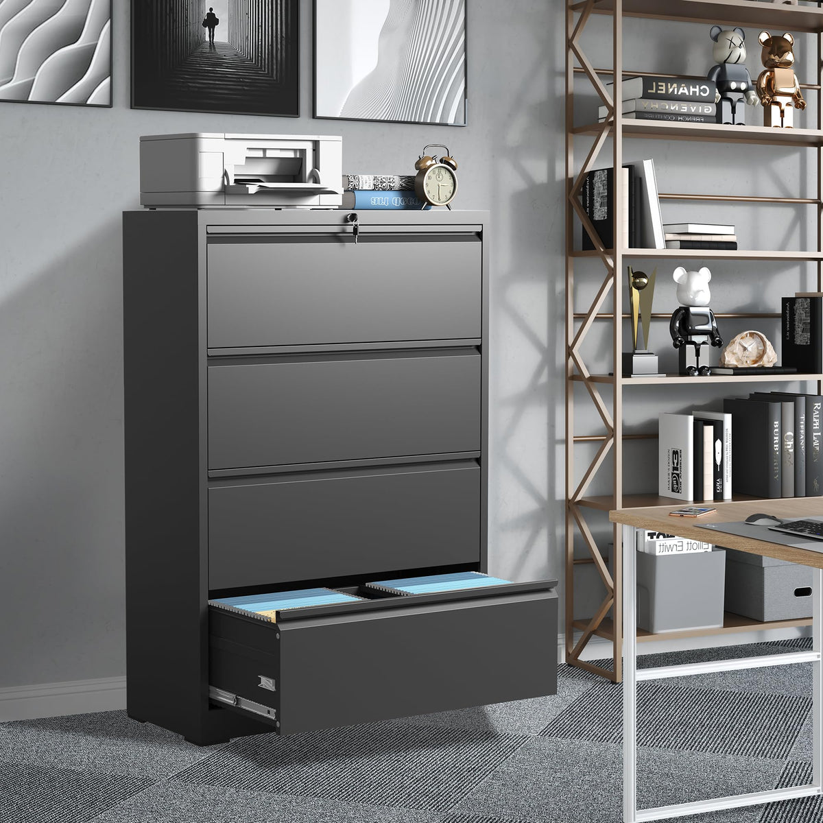 Black 4 Drawer Metal Lateral File Cabinet with Lock C990