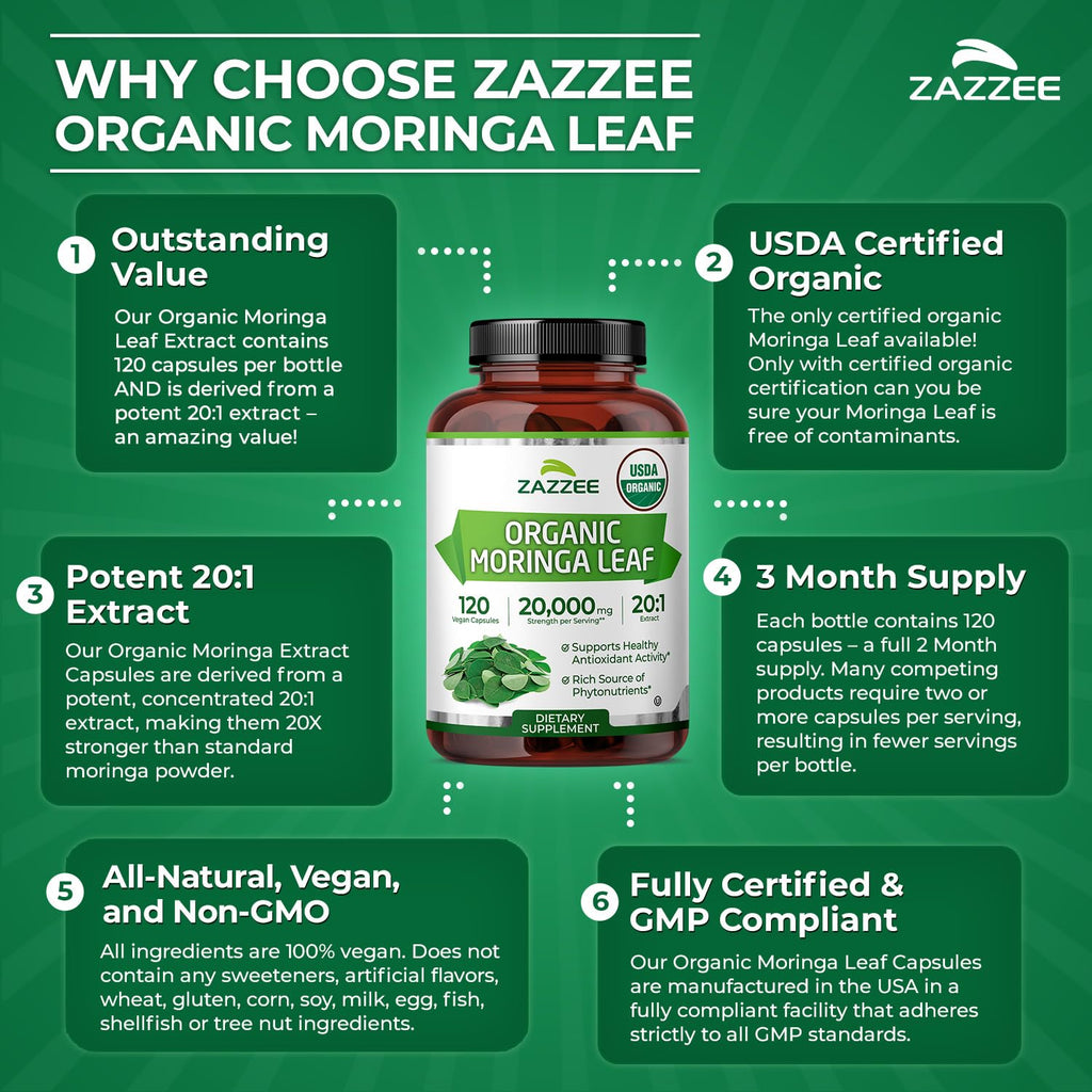 USDA Organic Moringa Leaf 20:1 Extract 120 Vegan Capsules Y4513