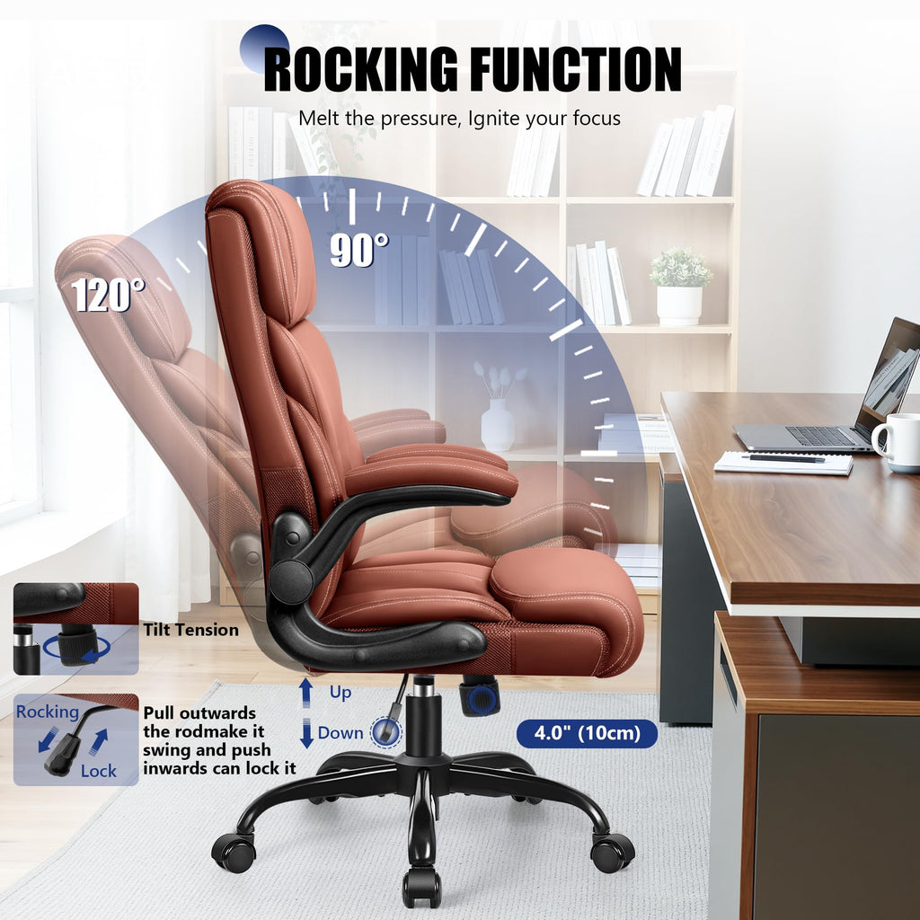 Brown High Back Office Chair with Flip-up Armrests Q28942