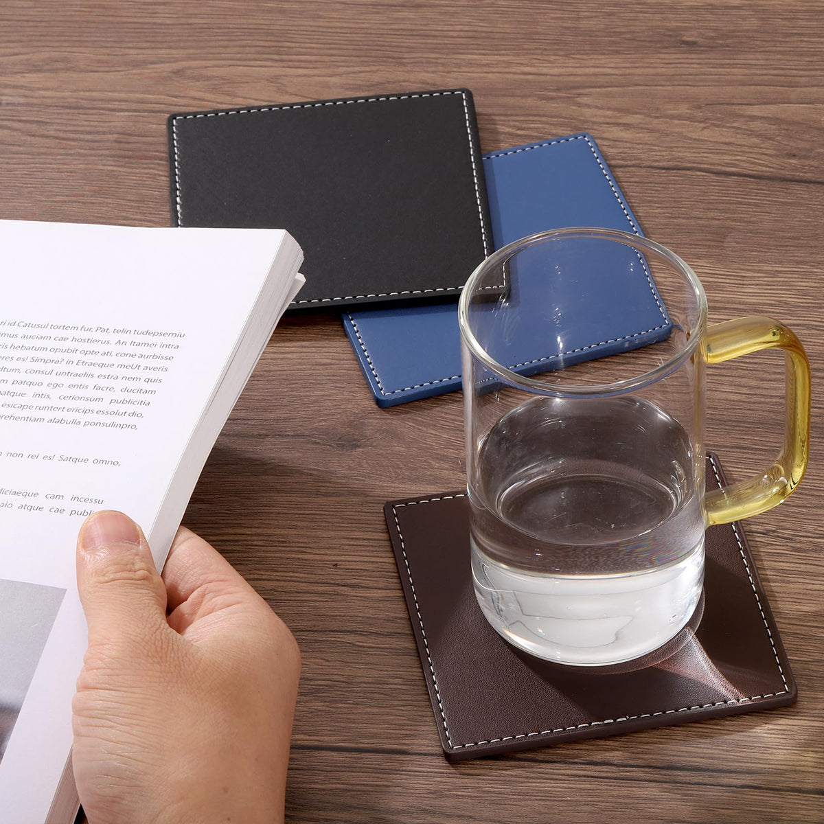 White Stitched Dual Sided Leather Coasters Set of 6 Z157365