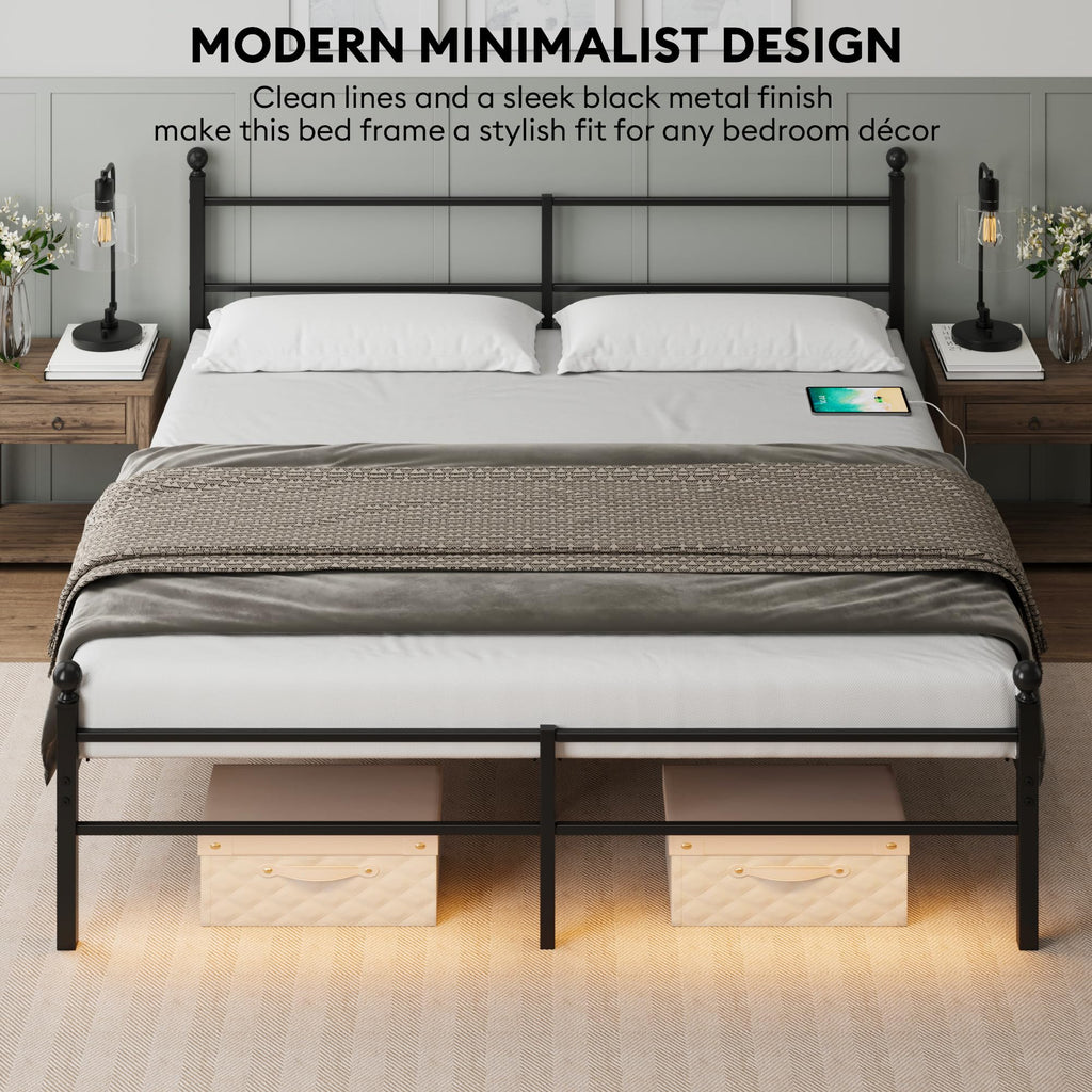 Black King Size Metal Platform Bed Frame with Headboard Y382819