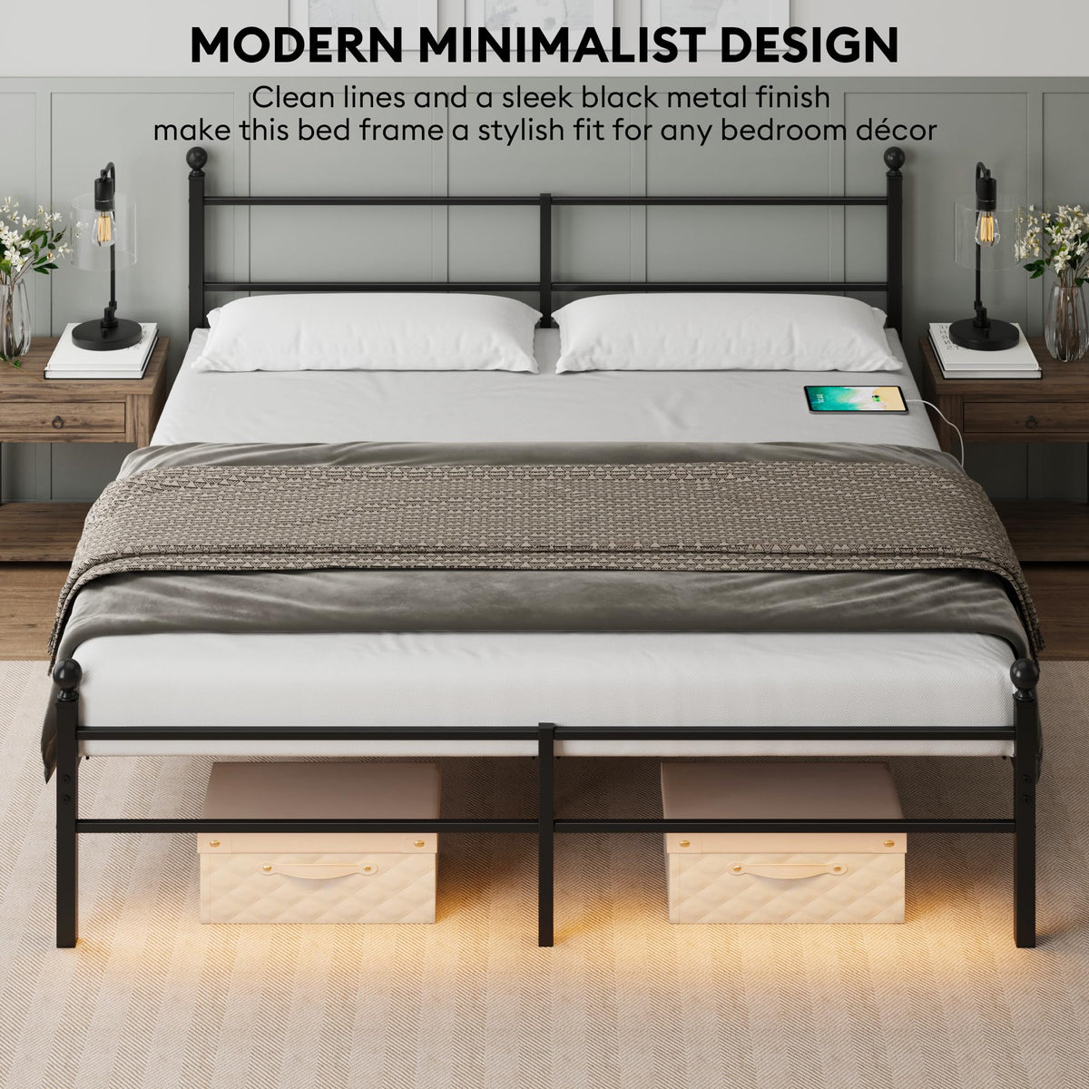 Black King Size Metal Platform Bed Frame with Headboard Y382819