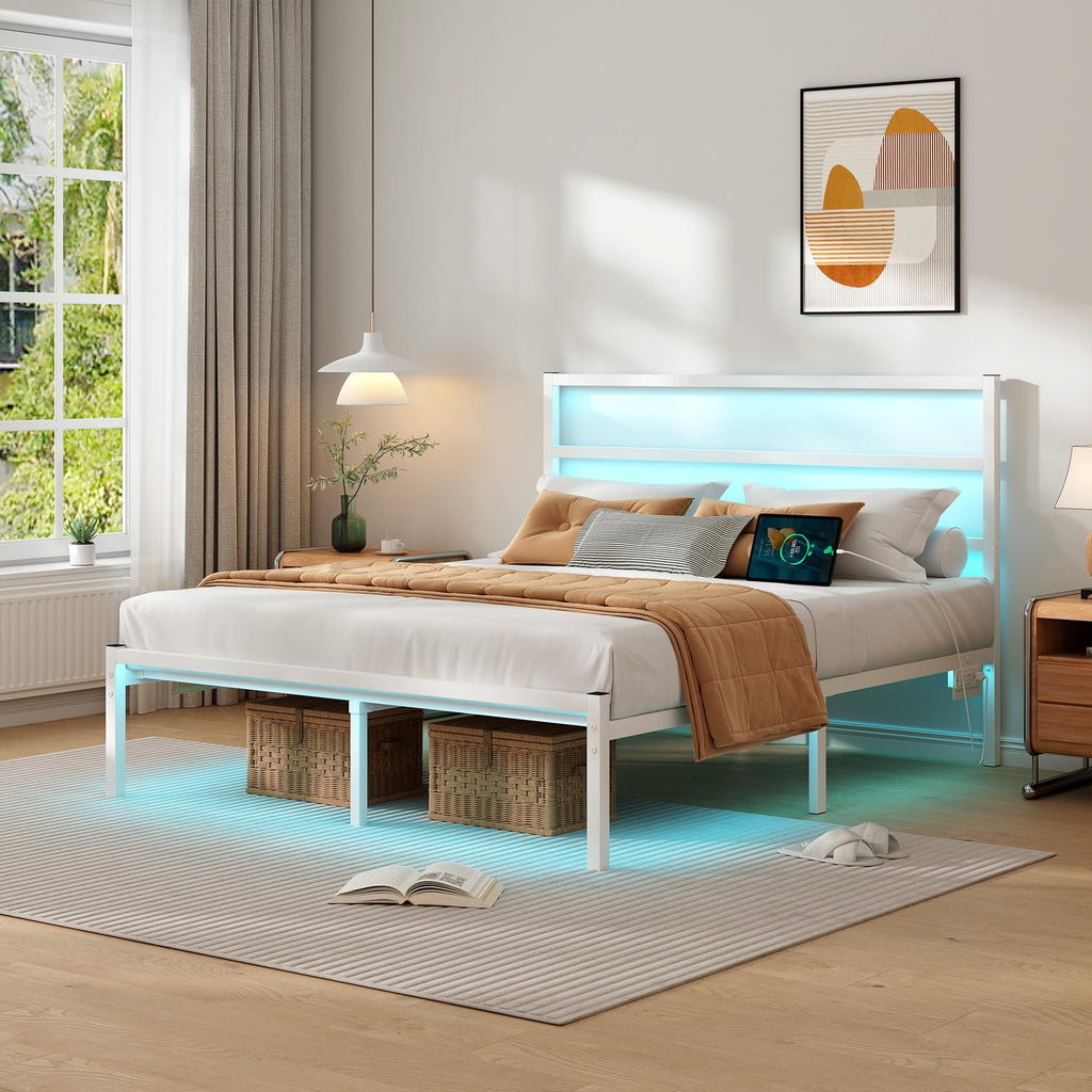 White Full Size Bed Frame with Headboard and USB Charging Station M239