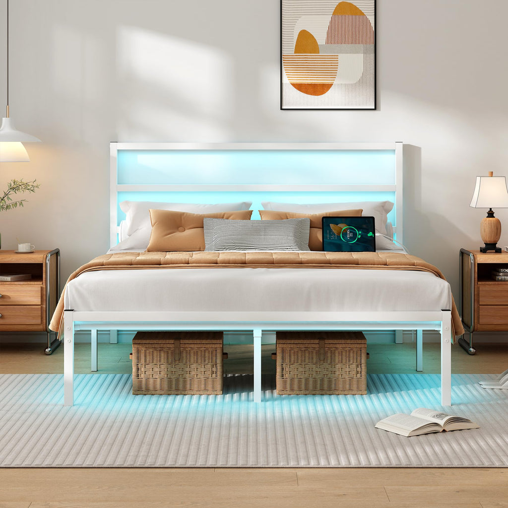 White Full Size Bed Frame with Headboard and USB Charging Station M239
