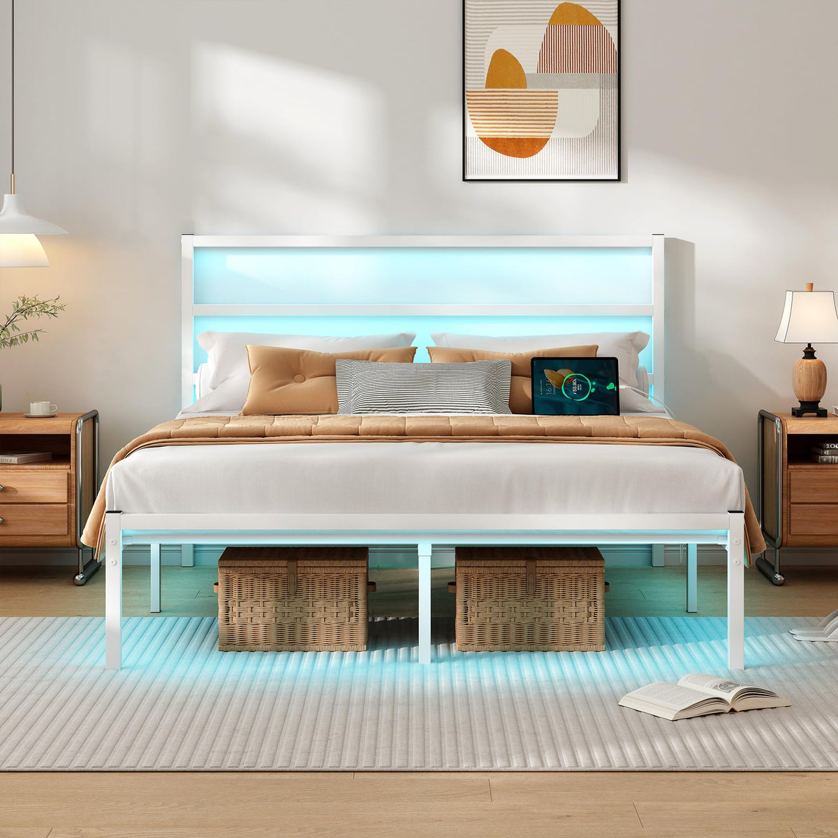 White Full Size Bed Frame with Headboard and USB Charging Station M239