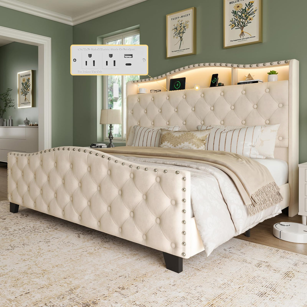 Queen Beige Platform Bed Frame with LED Headboard X1901