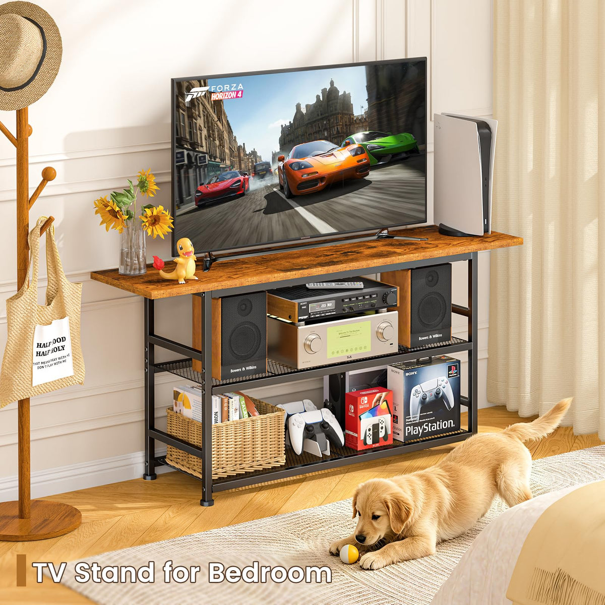 Rustic Brown TV Stand up to 55 Inch with 3 Tier Storage Shelves E1941