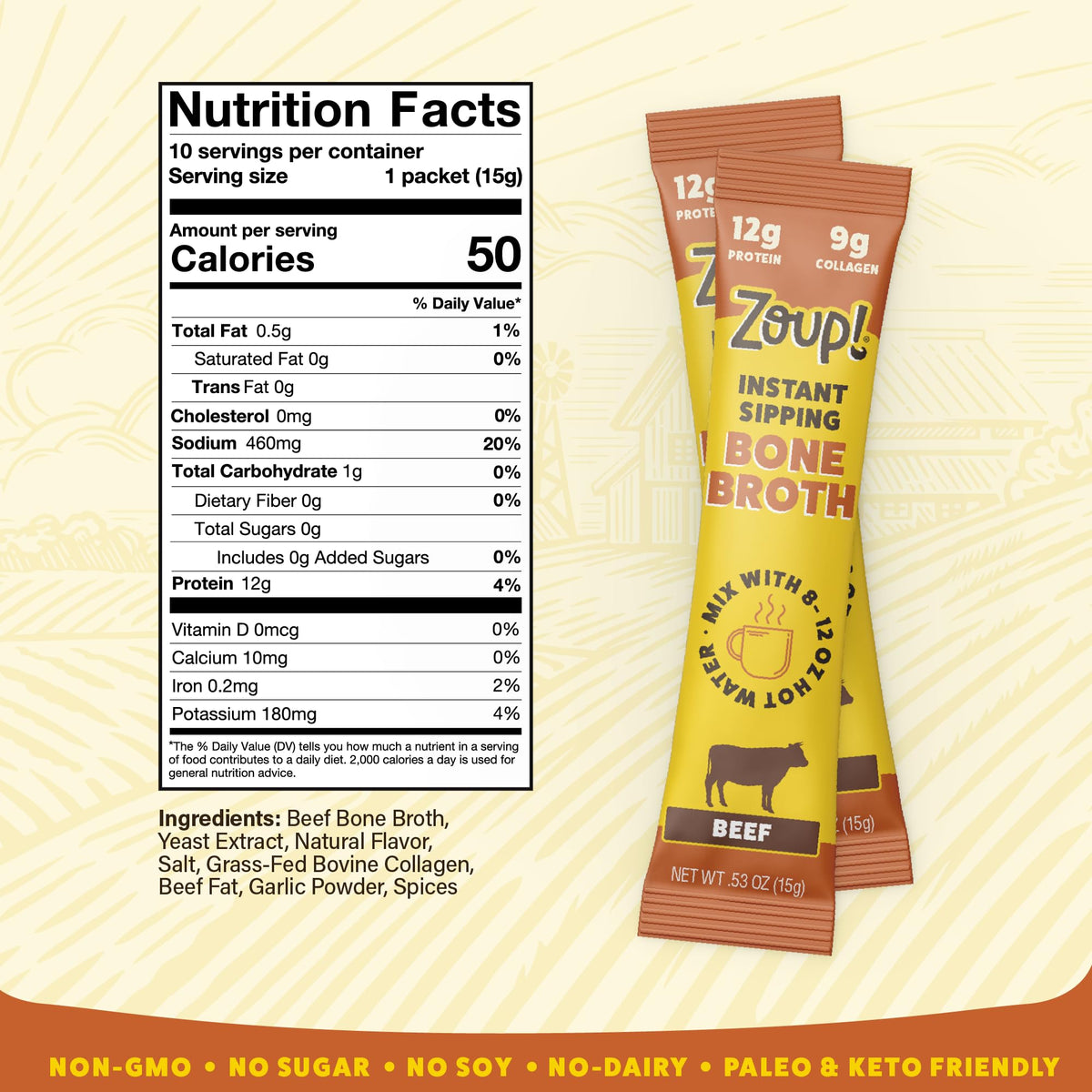 Instant Sipping Bone Broth Mix Beef 0.53 oz Pack of 30 K1389