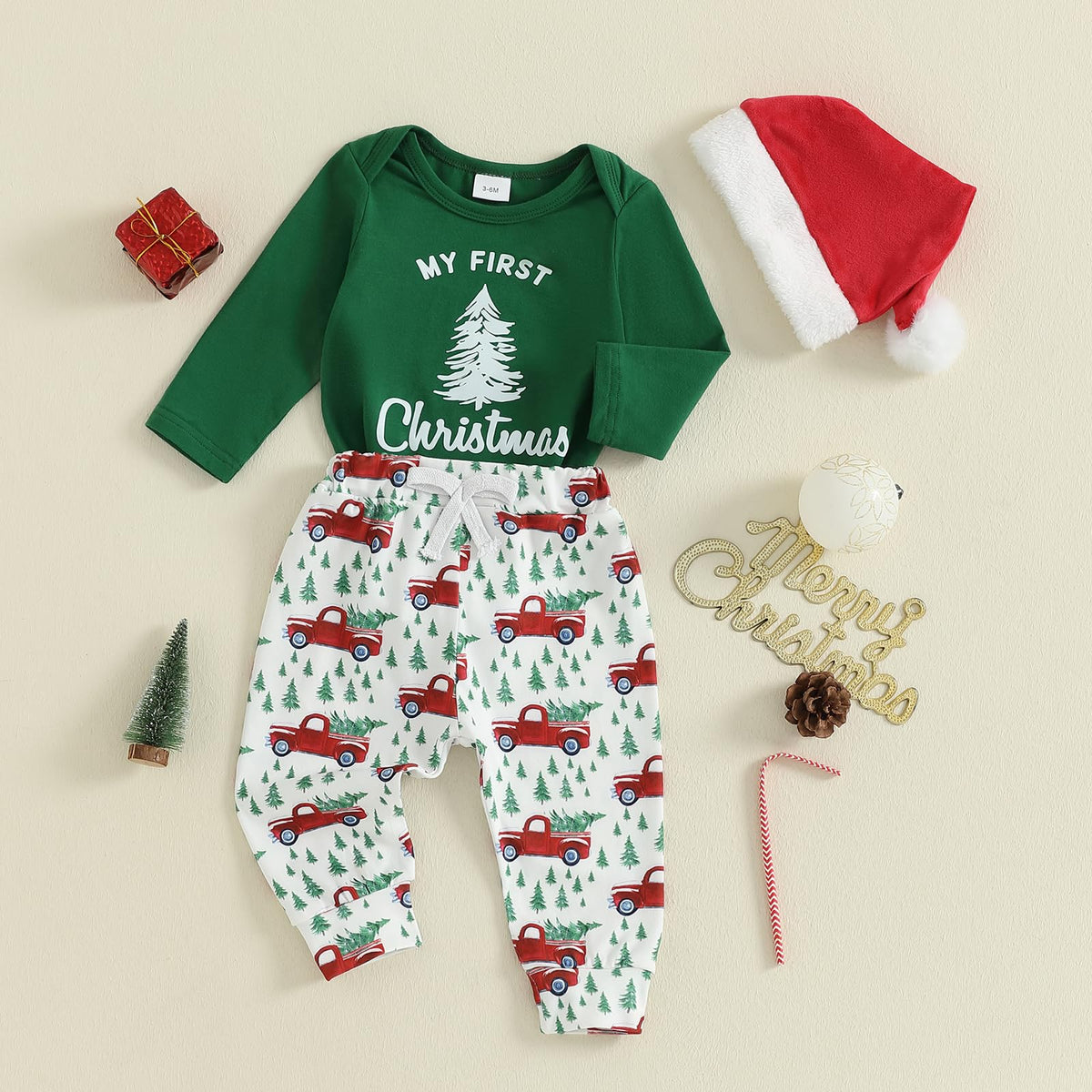 Christmas Baby Boy Long Sleeve Romper Onesie Pants Santa Hat V123