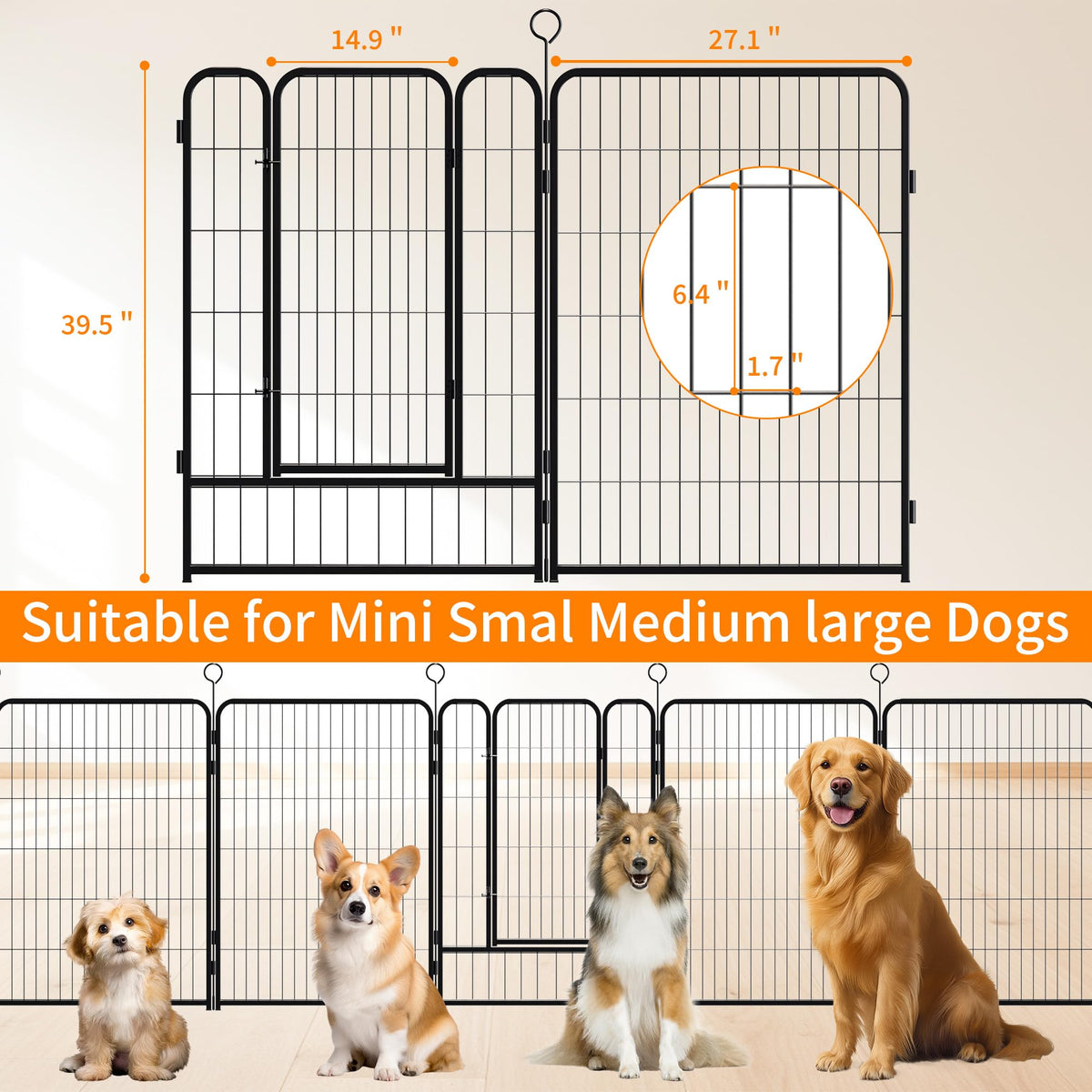 40 Inch 16 Panel Metal Garden Fence with Self-Locking Gate F77277