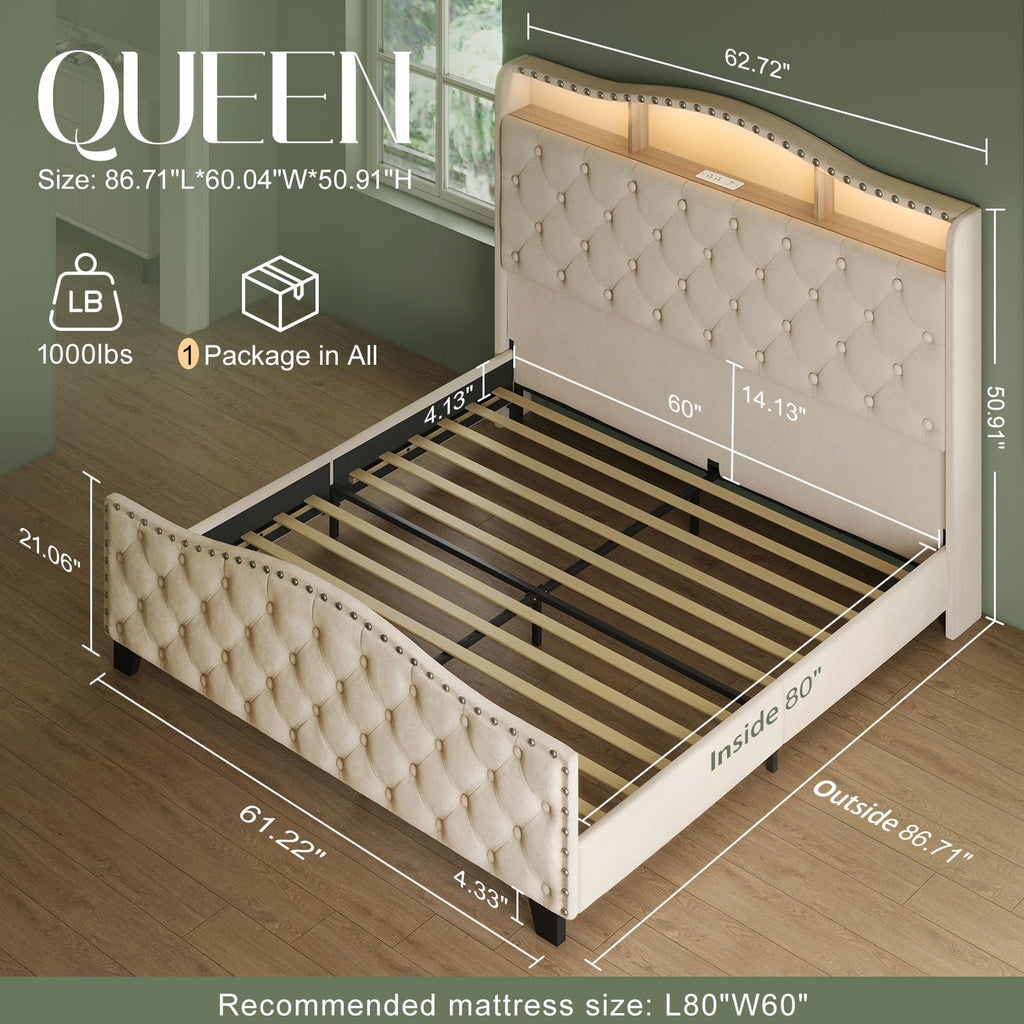 Queen Beige Platform Bed Frame with LED Headboard X1901