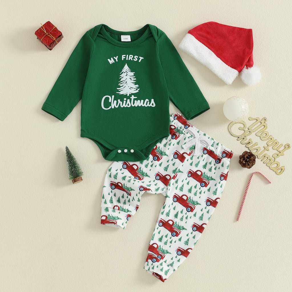 Christmas Baby Boy Long Sleeve Romper Onesie Pants Santa Hat V123