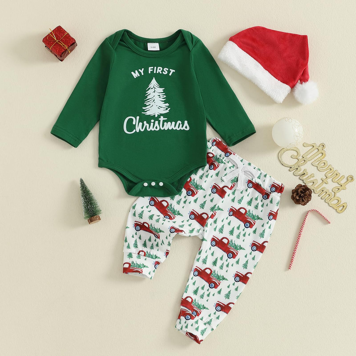 Christmas Baby Boy Long Sleeve Romper Onesie Pants Santa Hat V123