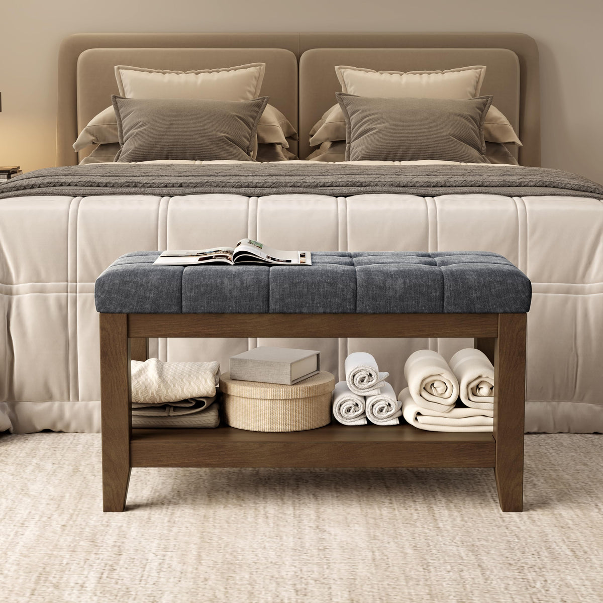 Dark Gray Rubber Wood Chenille Upholstered Shoe Bench H508