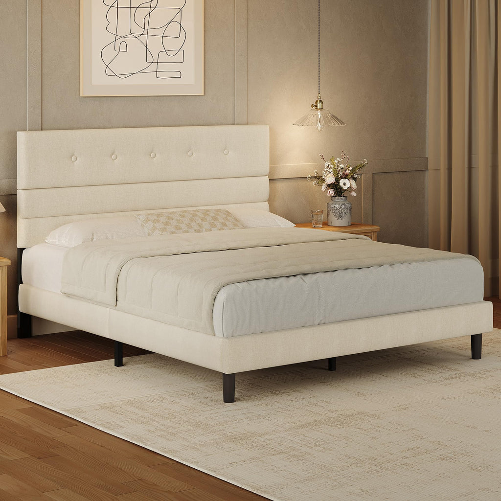 Queen Size Linen Fabric Upholstered Platform Bed Frame O502847