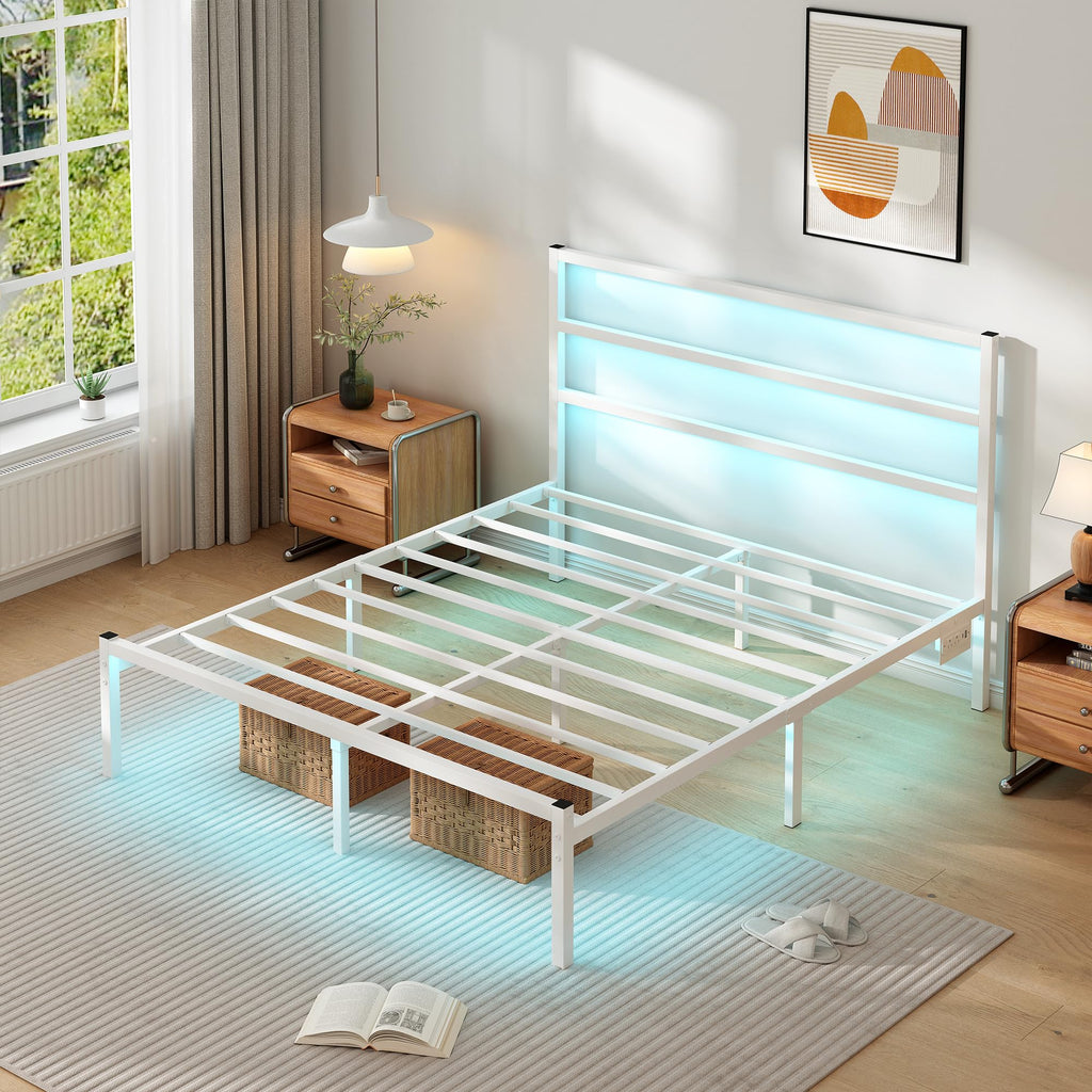 White Full Size Bed Frame with Headboard and USB Charging Station M239
