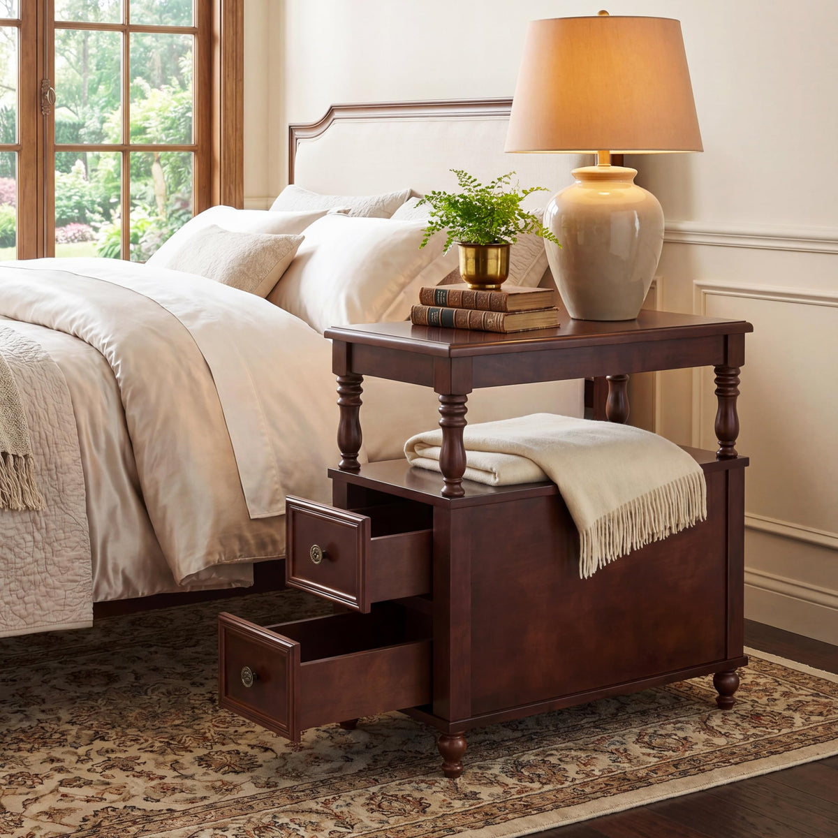 Solid Wood End Table with 2 Drawers and 2-Tier Open Shelf R730476