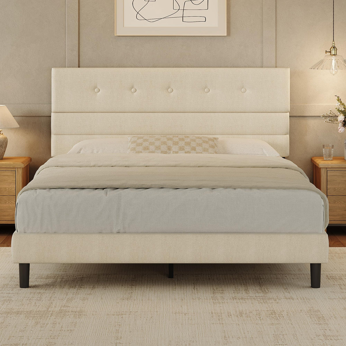 Queen Size Linen Fabric Upholstered Platform Bed Frame O502847