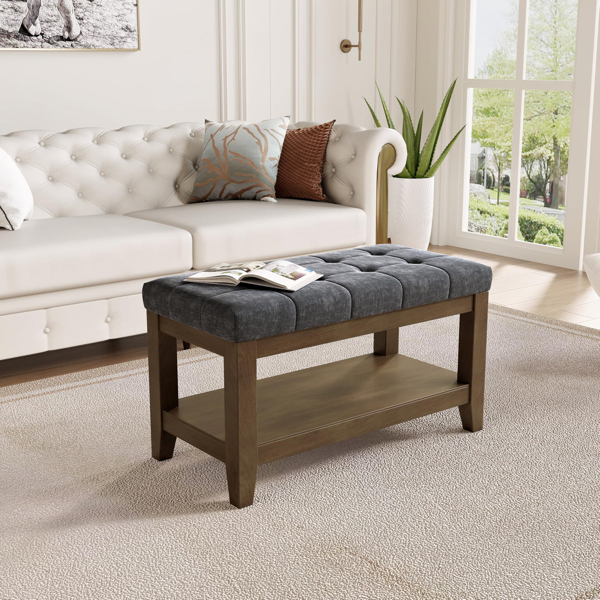 Dark Gray Rubber Wood Chenille Upholstered Shoe Bench H508