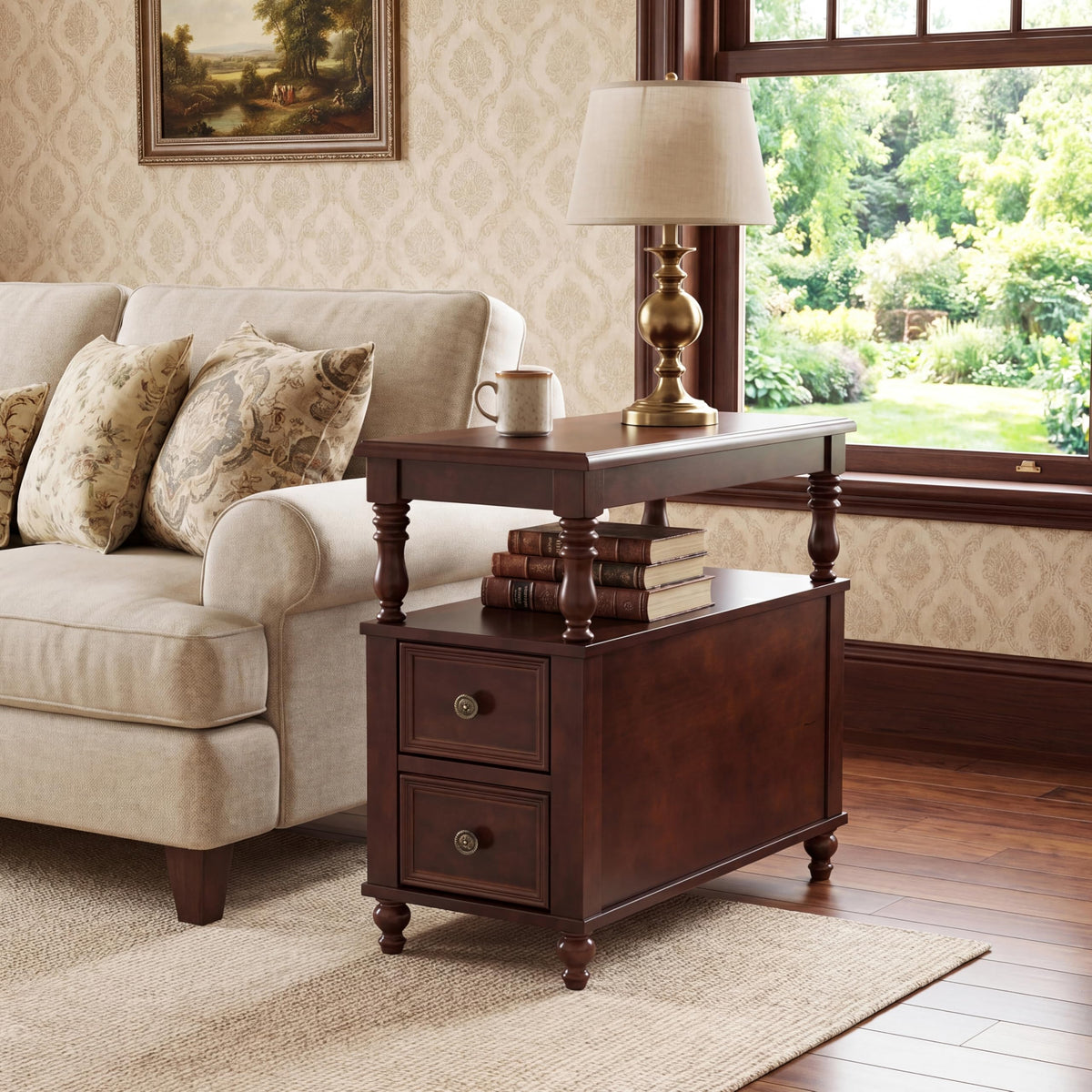 Solid Wood End Table with 2 Drawers and 2-Tier Open Shelf R730476